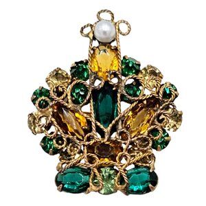 Original By Roberts Crown Brooch Pendant Green Yellow Rhinestone Pin L538